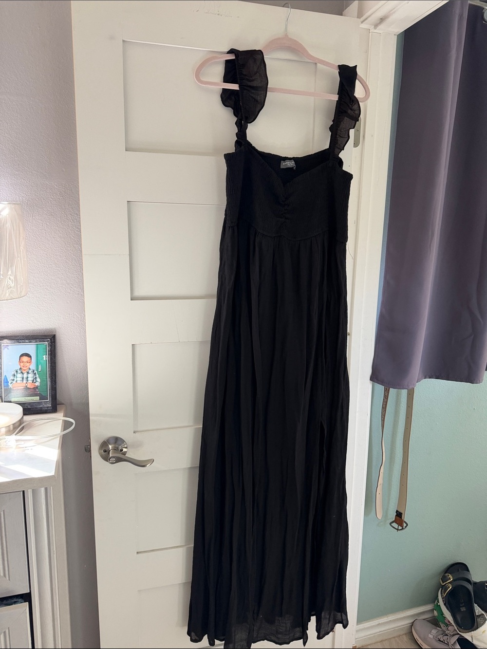 Ruffled Strap Black Maxi Dress with Smocked Bodice